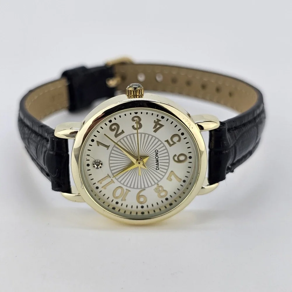 Women's Watch 28MM Cream Dial Black Faux Leather Bands NEW Battery